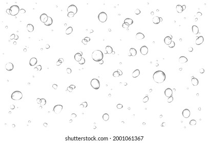 Oxygen air bubbles  flow  in water on white  background. Fizzy sparkles in sea, aquarium. Soda pop. Champagne. Effervescent tablet. Undersea vector texture.