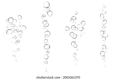 Oxygen air bubbles  flow  in water on white  background. Fizzy sparkles in sea, aquarium. Soda pop. Champagne. Effervescent tablet. Undersea vector texture.