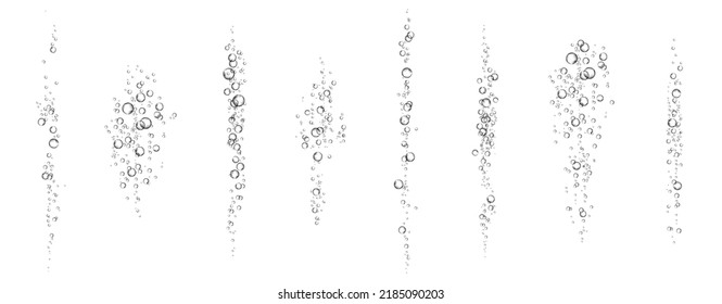 Oxygen air bubbles  flow  in water on white  background. Fizzy sparkles in sea, aquarium. Soda pop. Champagne. Effervescent tablet. Undersea vector texture.