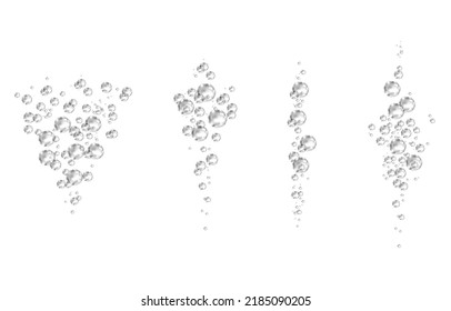 Oxygen air bubbles  flow  in water on white  background. Fizzy sparkles in sea, aquarium. Soda pop. Champagne. Effervescent tablet. Undersea vector texture.