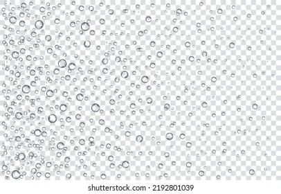 Oxygen air bubbles  flow  in water on white  background. Fizzy sparkles in sea, aquarium. Soda pop. Champagne. Effervescent tablet. Undersea vector texture.