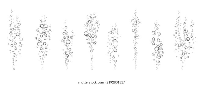 Oxygen air bubbles  flow  in water on white  background. Fizzy sparkles in sea, aquarium. Soda pop. Champagne. Effervescent tablet. Undersea vector texture.