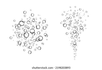 Oxygen air bubbles  flow  in water on white  background. Fizzy sparkles in sea, aquarium. Soda pop. Champagne. Effervescent tablet. Undersea vector texture.