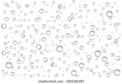 Las burbujas de aire de oxígeno fluyen en el agua sobre fondo blanco. Fizzy brilla en el mar, acuario. Soda pop. Champagne. Comprimido efervescente. Textura vectorial submarina.