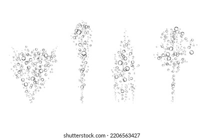Las burbujas de aire de oxígeno fluyen en el agua sobre fondo blanco. Fizzy brilla en el mar, acuario. Soda pop. Champagne. Comprimido efervescente. Textura vectorial submarina.