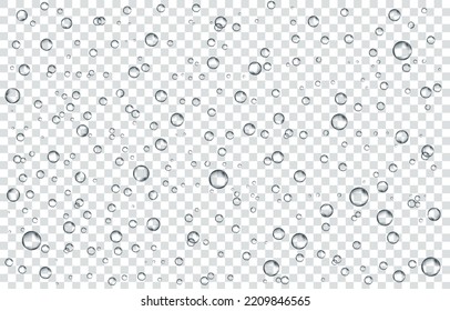Oxygen air bubbles  flow  in water on white  background. Fizzy sparkles in sea, aquarium. Soda pop. Champagne. Effervescent tablet. Undersea vector texture.