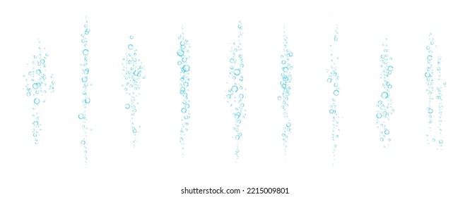 Sauerstoffluftblasen fließen in Wasser auf weißem Hintergrund. Fizzenhafte Funkeln im Meer, Aquarium. Soda Pop. Champagner. Brausetablette. Untersee-Vektorstruktur.