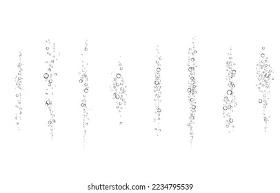Oxygen air bubbles  flow  in water on white  background. Fizzy sparkles in sea, aquarium. Soda pop. Champagne. Effervescent tablet. Undersea vector texture.