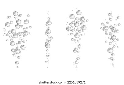 Oxygen air bubbles  flow  in water on white  background. Fizzy sparkles in sea, aquarium. Soda pop. Champagne. Effervescent tablet. Undersea vector texture.