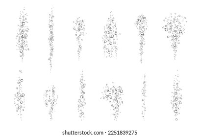 Oxygen air bubbles  flow  in water on white  background. Fizzy sparkles in sea, aquarium. Soda pop. Champagne. Effervescent tablet. Undersea vector texture.