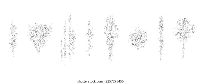 Oxygen air bubbles  flow  in water on white  background. Fizzy sparkles in sea, aquarium. Soda pop. Champagne. Effervescent tablet. Undersea vector texture.