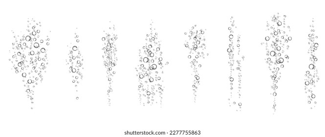 Oxygen air bubbles  flow  in water on white  background. Fizzy sparkles in sea, aquarium. Soda pop. Champagne. Effervescent tablet. Undersea vector texture.