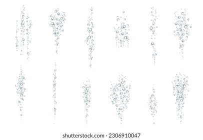 Oxygen air bubbles  flow  in water on white  background. Fizzy sparkles in sea, aquarium. Soda pop. Champagne. Effervescent tablet. Undersea vector texture.