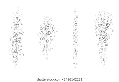 Oxygen air bubbles  flow  in water on white  background. Fizzy sparkles in sea, aquarium. Soda pop. Champagne. Effervescent tablet. Undersea vector texture.