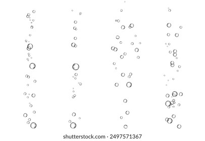 Oxygen air bubbles  flow  in water on white  background. Fizzy sparkles in sea, aquarium. Soda pop. Champagne. Effervescent tablet. Undersea vector texture.