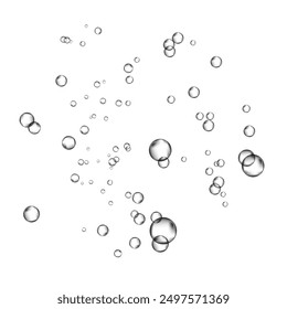 Oxygen air bubbles  flow  in water on white  background. Fizzy sparkles in sea, aquarium. Soda pop. Champagne. Effervescent tablet. Undersea vector texture.