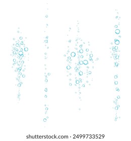 Oxygen air bubbles  flow  in water on white  background. Fizzy blue sparkles in sea, aquarium. Soda pop. Effervescent tablet. Undersea vector texture.