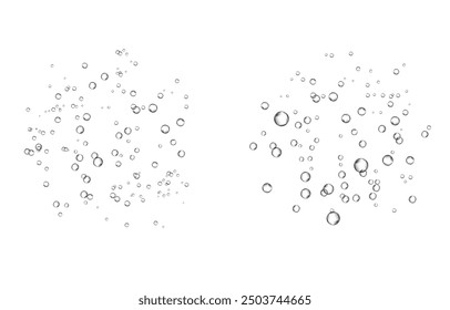 Oxygen air bubbles  flow  in water on white  background. Fizzy sparkles in sea, aquarium. Soda pop. Champagne. Effervescent tablet. Undersea vector texture.