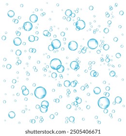 Oxygen air bubbles  flow  in water on white  background. Fizzy blue sparkles in sea, aquarium. Soda pop. Effervescent tablet. Undersea vector texture.