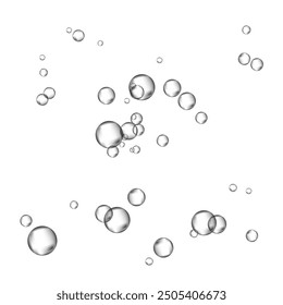 Oxygen air bubbles  flow  in water on white  background. Fizzy sparkles in sea, aquarium. Soda pop. Champagne. Effervescent tablet. Undersea vector texture.