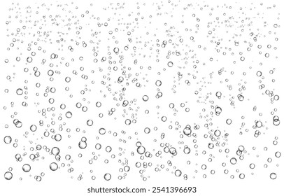 Las burbujas de aire de oxígeno fluyen en agua sobre fondo blanco. Brillos efervescentes en el mar, acuario. Soda pop. Champán. Tableta efervescente. Textura de Vector submarino.