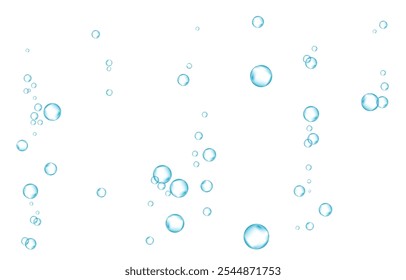 Las burbujas de aire de oxígeno fluyen en agua sobre fondo blanco. Brillos efervescentes en el mar, acuario. Soda pop. Champán. Tableta efervescente. Textura de Vector submarino.