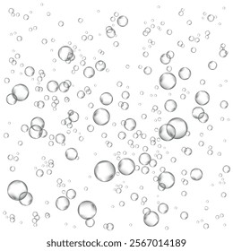 Oxygen air bubbles  flow  in water on white  background. Fizzy sparkles in sea, aquarium. Soda pop. Champagne. Effervescent tablet. Undersea vector texture.