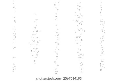 Oxygen air bubbles  flow  in water on white  background. Fizzy sparkles in sea, aquarium. Soda pop. Champagne. Effervescent tablet. Undersea vector texture.