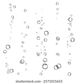 Oxygen air bubbles  flow  in water on white  background. Fizzy sparkles in sea, aquarium. Soda pop. Champagne. Effervescent tablet. Undersea vector texture.