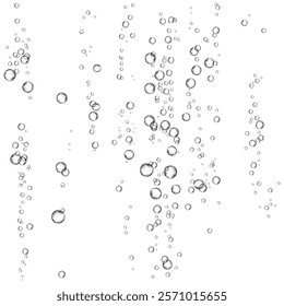 Oxygen air bubbles  flow  in water on white  background. Fizzy sparkles in sea, aquarium. Soda pop. Champagne. Effervescent tablet. Undersea vector texture.