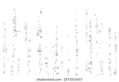 Oxygen air bubbles  flow  in water on white  background. Fizzy sparkles in sea, aquarium. Soda pop. Champagne. Effervescent tablet. Undersea vector texture.