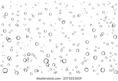 Oxygen air bubbles  flow  in water on white  background. Fizzy sparkles in sea, aquarium. Soda pop. Champagne. Effervescent tablet. Undersea vector texture.