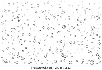 Oxygen air bubbles  flow  in water on white  background. Fizzy sparkles in sea, aquarium. Soda pop. Champagne. Effervescent tablet. Undersea vector texture.