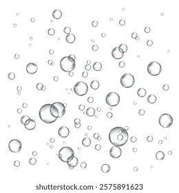 Oxygen air bubbles  flow  in water on white  background. Fizzy sparkles in sea, aquarium. Soda pop. Champagne. Effervescent tablet. Undersea vector texture.