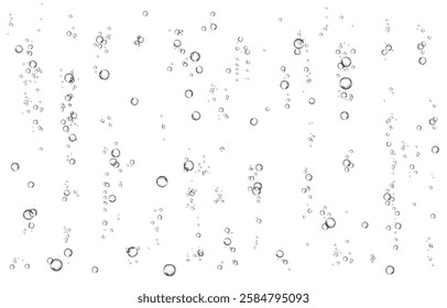 Oxygen air bubbles  flow  in water on white  background. Fizzy sparkles in sea, aquarium. Soda pop. Champagne. Effervescent tablet. Undersea vector texture.