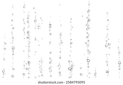 Oxygen air bubbles  flow  in water on white  background. Fizzy sparkles in sea, aquarium. Soda pop. Champagne. Effervescent tablet. Undersea vector texture.