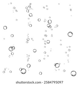 Oxygen air bubbles  flow  in water on white  background. Fizzy sparkles in sea, aquarium. Soda pop. Champagne. Effervescent tablet. Undersea vector texture.