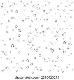 Oxygen air bubbles  flow  in water on white  background. Fizzy sparkles in sea, aquarium. Soda pop. Champagne. Effervescent tablet. Undersea vector texture.