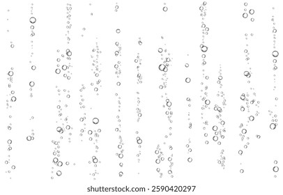 Oxygen air bubbles  flow  in water on white  background. Fizzy sparkles in sea, aquarium. Soda pop. Champagne. Effervescent tablet. Undersea vector texture.