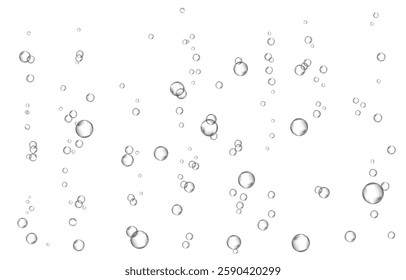 Oxygen air bubbles  flow  in water on white  background. Fizzy sparkles in sea, aquarium. Soda pop. Champagne. Effervescent tablet. Undersea vector texture.