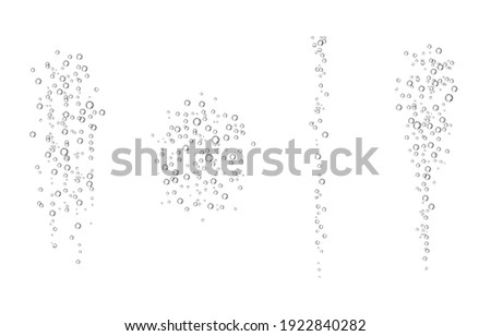 Oxygen air bubbles  flow  in water on white  background. Fizzy sparkles in sea, aquarium. Soda pop. Champagne. Effervescent tablet. Undersea vector texture.