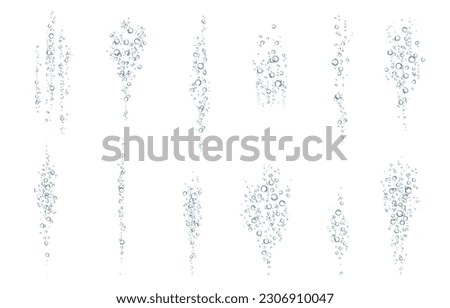 Oxygen air bubbles  flow  in water on white  background. Fizzy sparkles in sea, aquarium. Soda pop. Champagne. Effervescent tablet. Undersea vector texture.