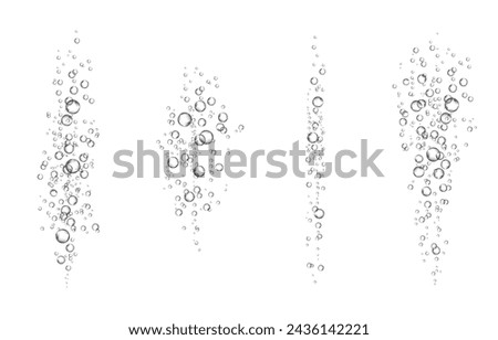 Oxygen air bubbles  flow  in water on white  background. Fizzy sparkles in sea, aquarium. Soda pop. Champagne. Effervescent tablet. Undersea vector texture.