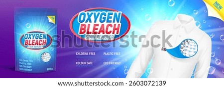 Oxygen bleach cleanser ad banner. 3d vector concept of oxygen bleach cleanser and stain remover product. Realistic banner with white shirt with dirty spot and pouch with zipper with cleansing powder.