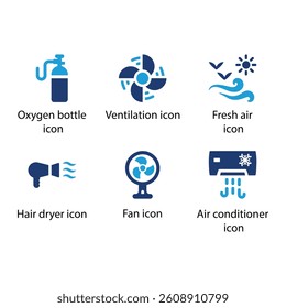 Oxygen bottle, Ventilation, Fresh air, Hair dryer, Fan, Air conditioner, Blue Icon Set