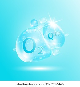 Sauerstoffblase und Coenzym Q10 für die Hautpflege. Vitamin-Komplex Hyaluronsäure feuchtigkeitsspendendes Kollagen aus der Natur. Schönheitsbehandlung Ernährung Hautpflege Design. Medizinische Konzepte. 3D-Vektorgrafik.