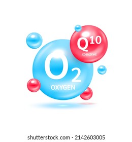 Oxygen bubble and coenzyme Q10 for skin care. Vitamin complex hyaluronic acid moisturizing collagen from nature. Beauty treatment nutrition skin care design. Medical concepts. 3D Vector.