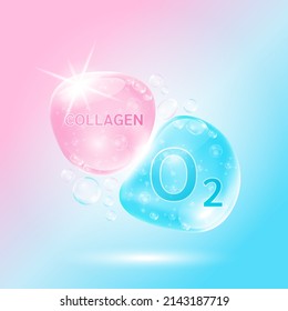 Oxygen bubble and Collagen pink for skin care. Vitamins complex hyaluronic acid moisturizing from nature. Beauty treatment nutrition skin care design. Medical concepts. 3D Vector.