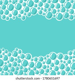 Oxygen bubbles border. Cartoon vector illustration. Hand drawn, sketch style, isolated on white background. Cleaning liquid soap foam for bath and shower. Space for your text, photo, logo