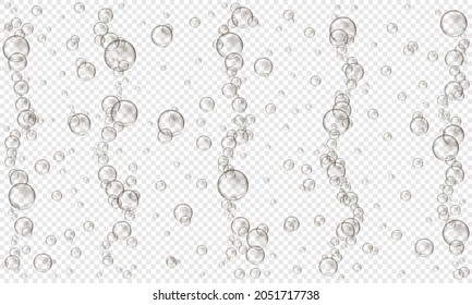 Oxygen Bubbles On Transparent Background. Fizzy Carbonated Drink, Seltzer, Beer, Soda, Cola, Lemonade, Champagne, Sparkling Wine Texture. Sea Or Aquarium Water Stream. Vector Realistic Illustration.